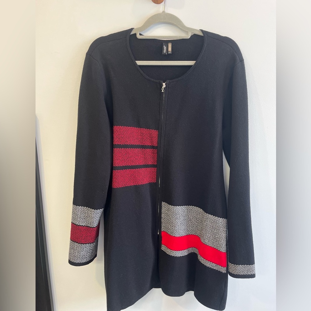 Large Women’s long sweater Black Red and White color block. One of a kind!